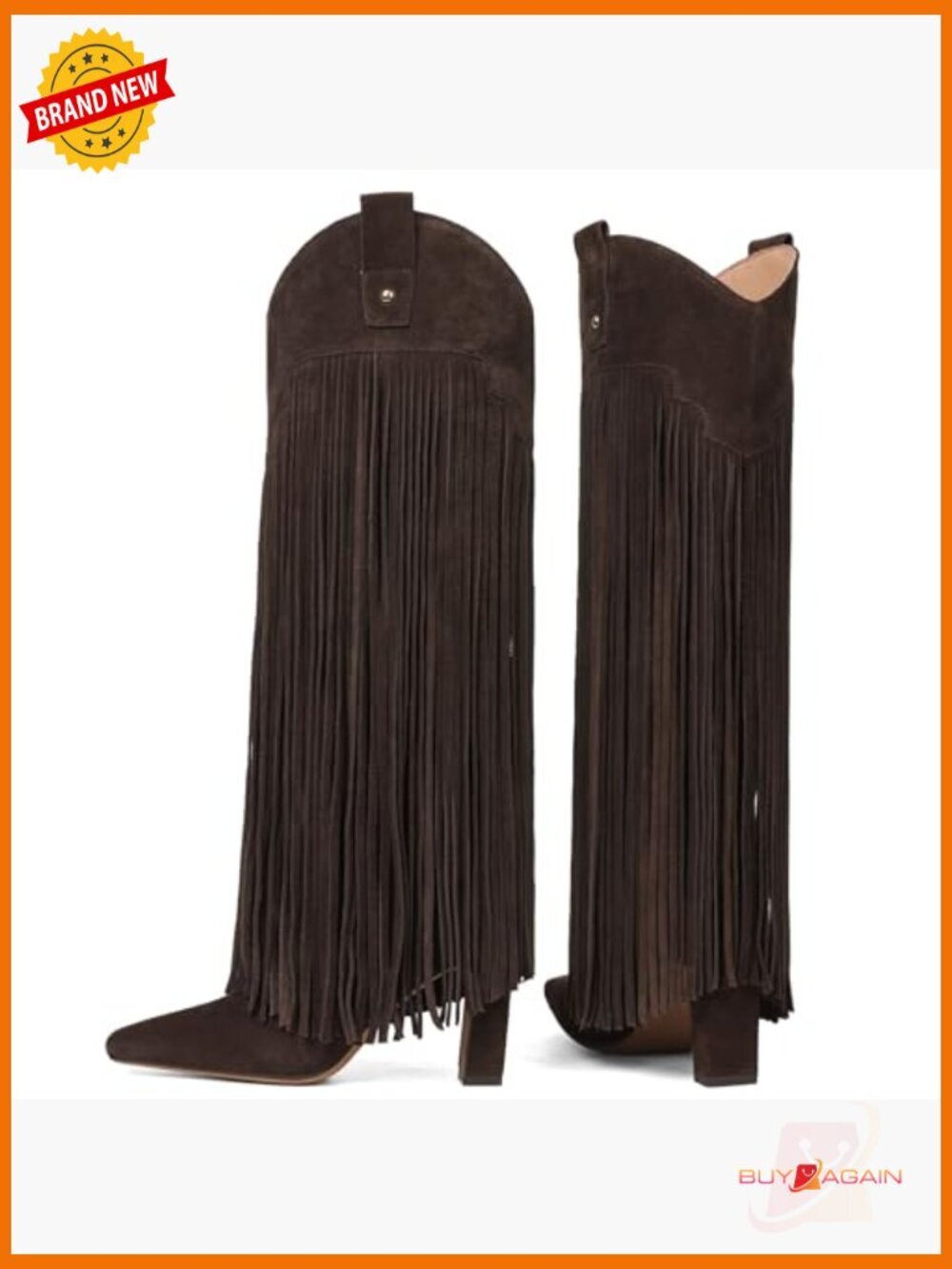 Knee High Boots Suede Square Toe Chunky Heel Fringe Pull On Tall - Picture 2 of 6
